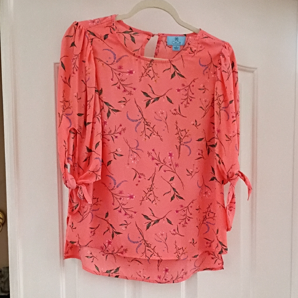 CeCe Coral Floral Blouse with Tie Sleeves
